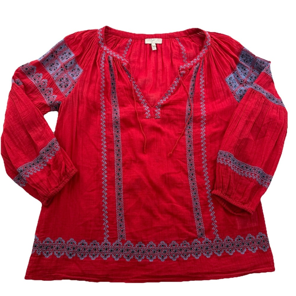 Joie Red Embroidered Boho Peasant Blouse XS Tassel Tie V-Neck Cotton Top